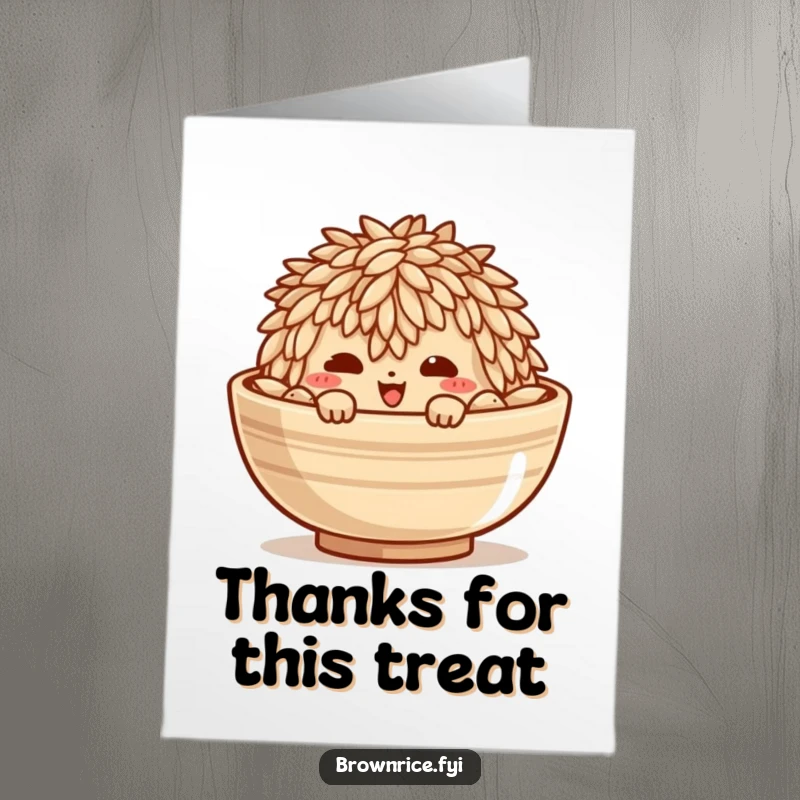 Funny Free Printable Thank You Card: Mischievous brown rice grain character peeking from a bowl. Fun thank you downloadable.