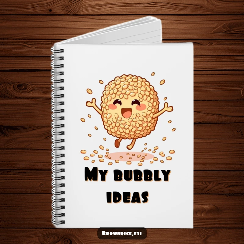 Funny Notebook: A brown rice character mid-bounce, scattering grains, inspiring energetic notes and ideas.