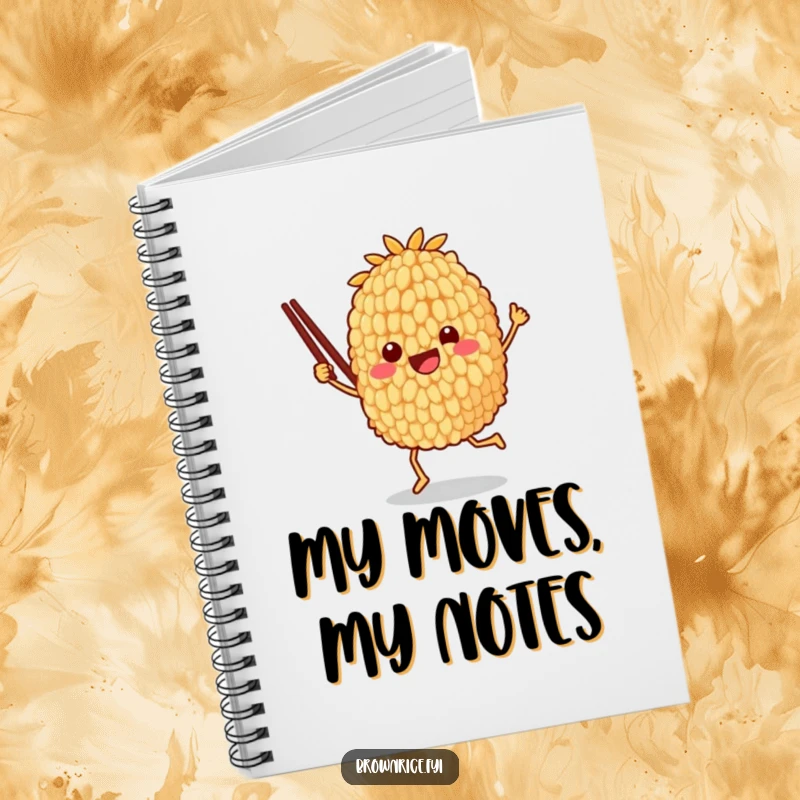Funny notebook with a brown rice grain character joyfully dancing with chopsticks, perfect for capturing notes with playful energy.