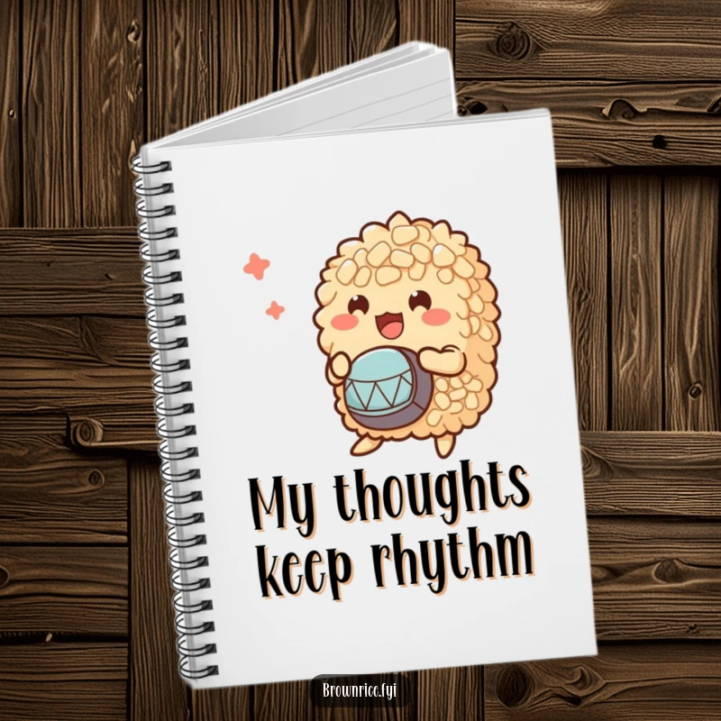 Funny notebook with a clump of brown rice characters enthusiastically playing tiny drums, perfect for jotting down musical inspiration.