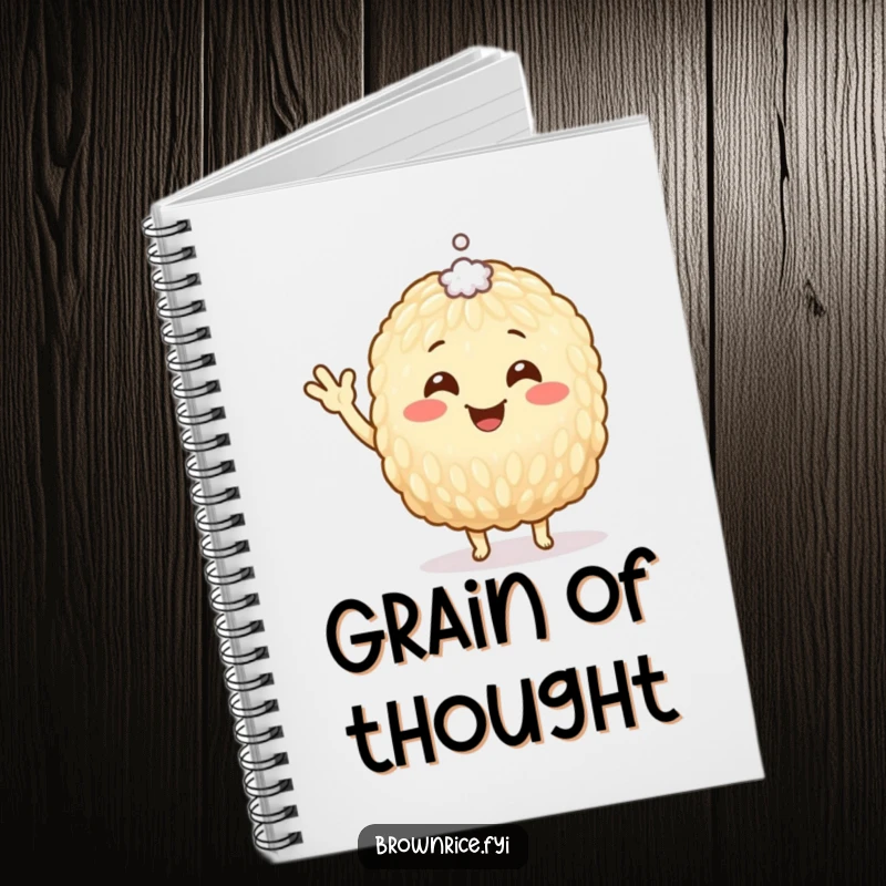 Funny Notebook with a happy brown rice grain character waving, a tiny speck of salt on its head, perfect for note-taking.
