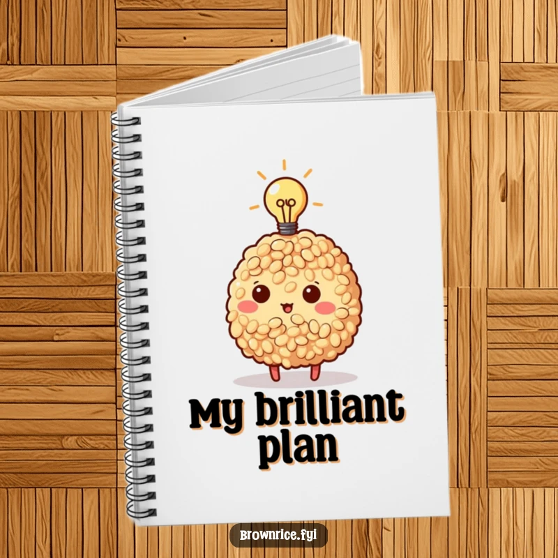 Funny Brown Rice Notebook with a brown rice character with a lightbulb, ideal for jotting down brilliant ideas.