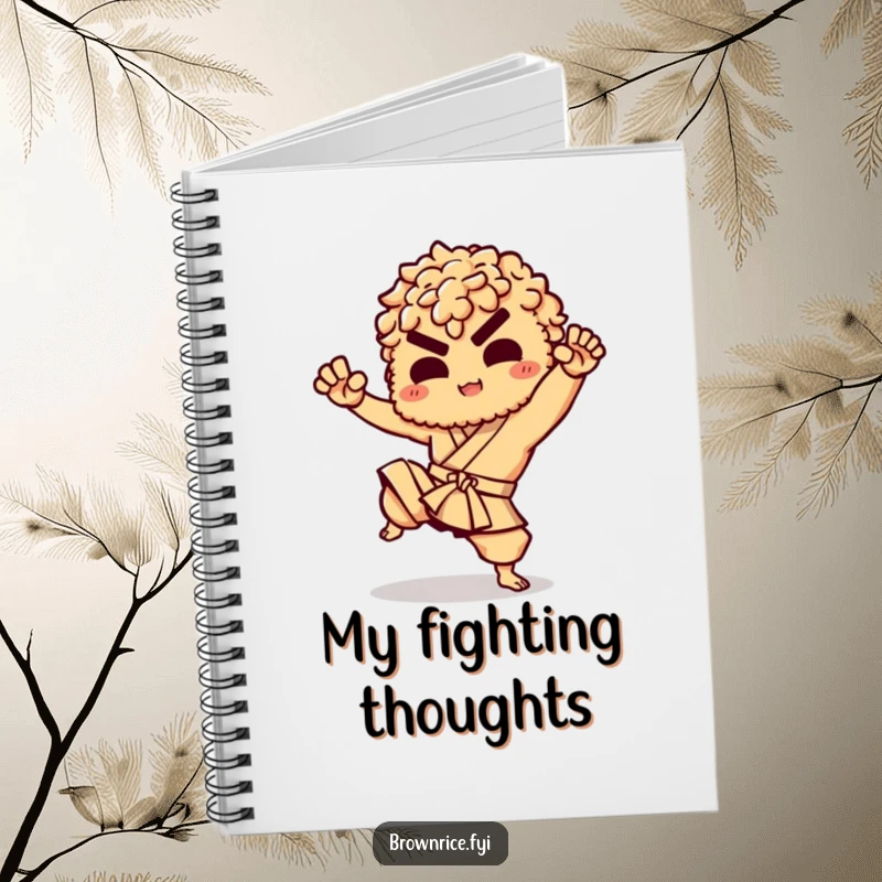 Funny notebook cover featuring a brown rice character performing a martial arts kick, ideal for jotting down training notes.