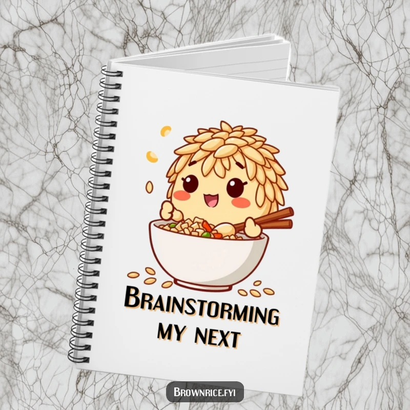 Funny notebook featuring a brown rice grain character happily mixing ingredients in a bowl, ready to capture your best recipes.