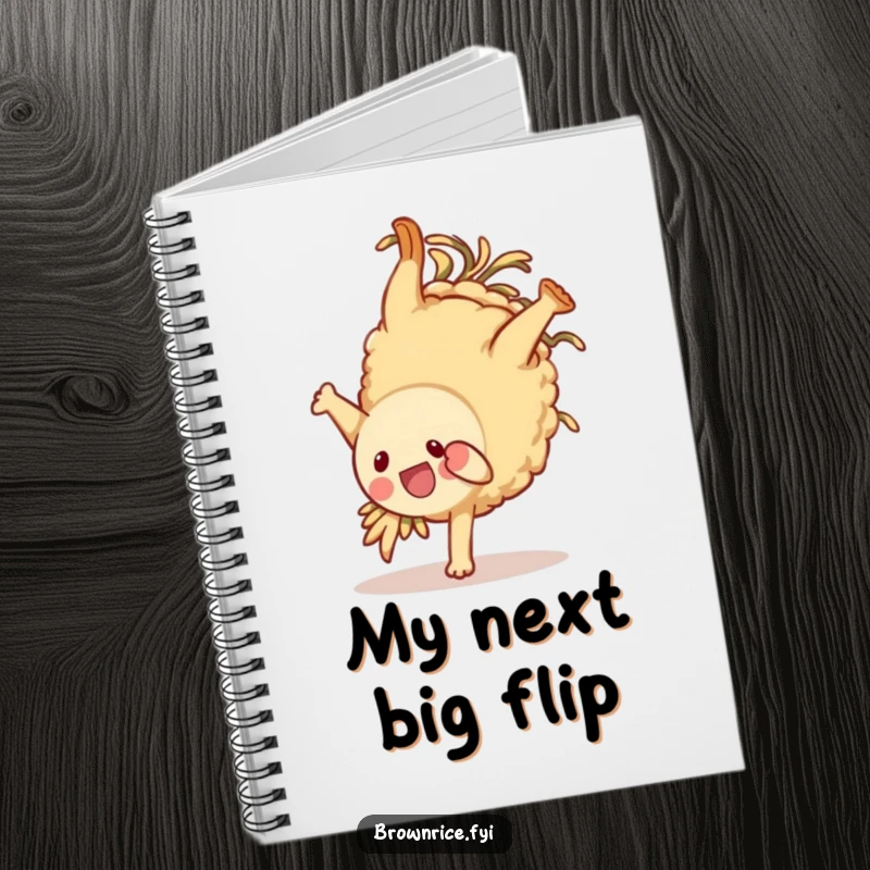 Funny brown rice character notebook, mid-somersault with a wide grin, inspiring creative thoughts and playful note-taking.