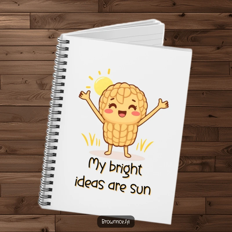 Funny notebook with a happy brown rice grain character stretching joyfully in the sun, perfect for note-taking with a smile.