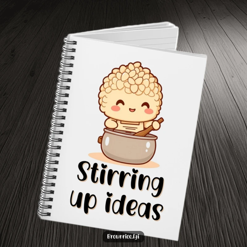 Funny Notebook: A brown rice character in an apron stirring a pot, inspiring culinary creativity and notes.