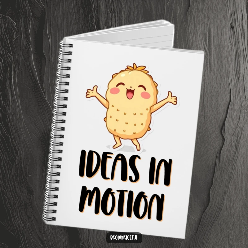 Funny notebook cover depicting a brown rice character in a joyful dance with arms flaring, ideal funny gift.