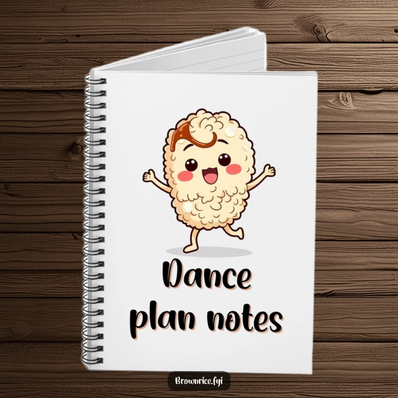 Funny brown rice character doing a silly dance with soy sauce, featured on the cover of a humorous notebook.