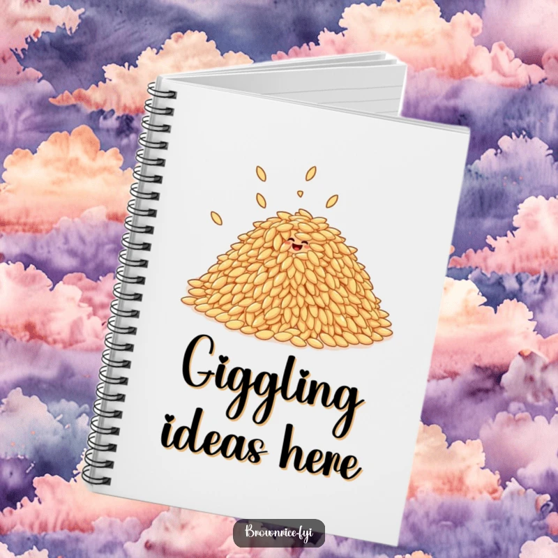 Funny pile of brown rice grains giggling and bouncing, on the cover of a lined notebook.