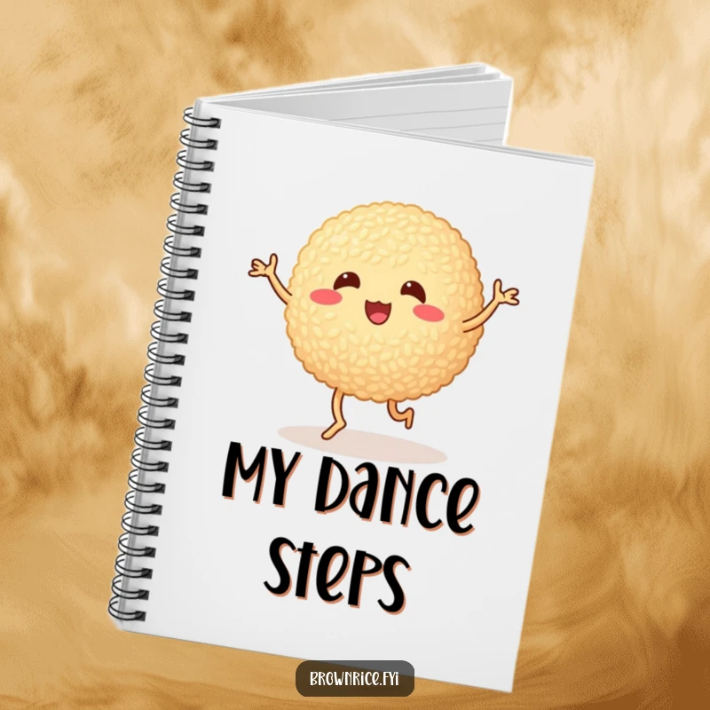 Funny brown rice ball doing a silly dance with wobbly legs, a ruled notebook with a cute and humorous cartoon cover.