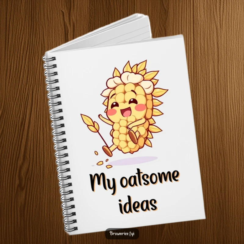 Funny Oat Grain Notebook with a happy oat grain character performing a silly stunt, perfect for journaling and creative writing. A fun funny gift.