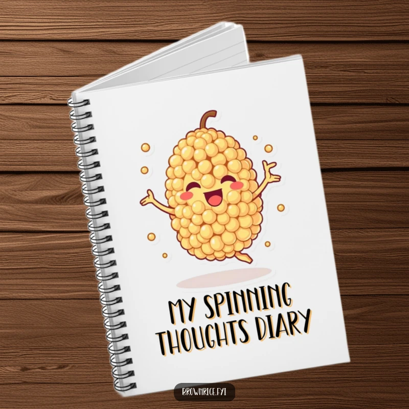Funny notebook featuring a quinoa grain character spinning with joy, great for jotting down notes and ideas with healthy flair.