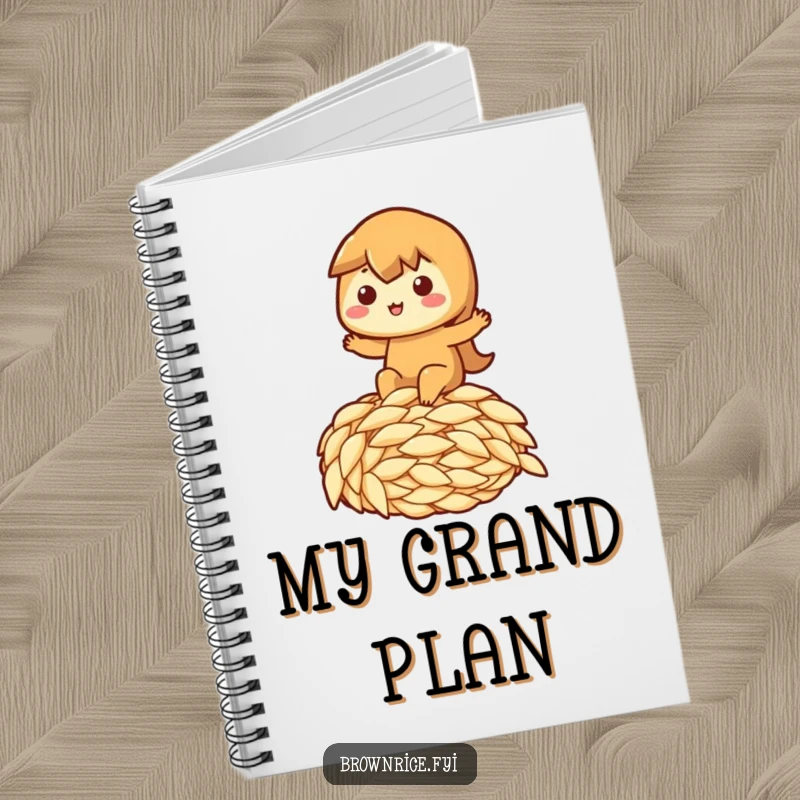 Funny notebook cover depicting a brown rice character happily riding a massive grain of rice, ideal funny gift.