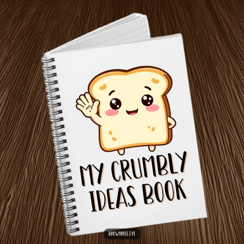Funny notebook featuring a cute piece of toast character waving hello, ideal for capturing notes and ideas with a friendly touch.