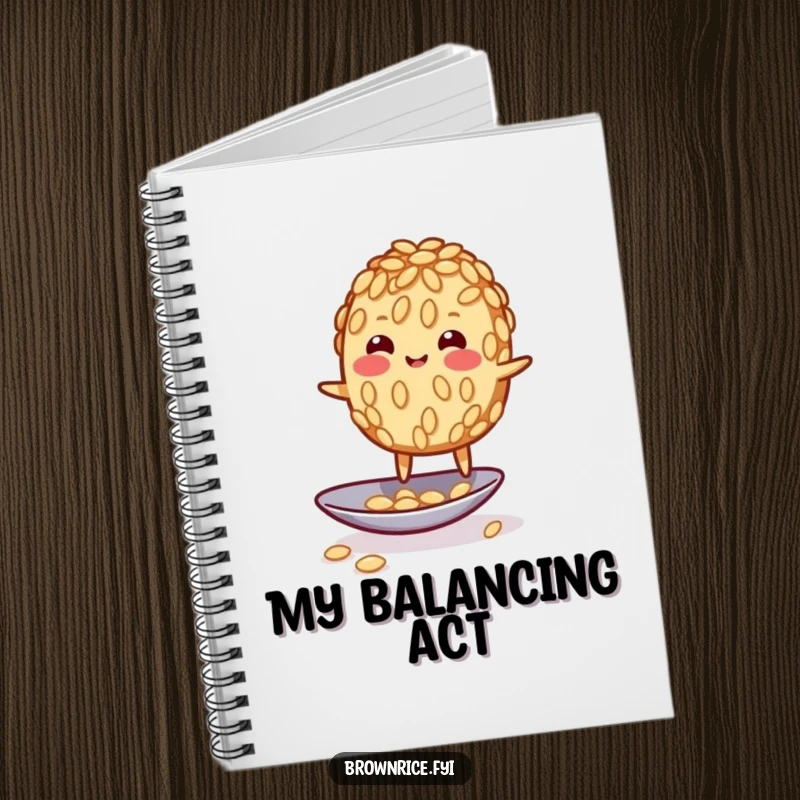 Funny wobbly brown rice grain character humorously balancing on a spoon, adorning the cover of a delightful notebook.