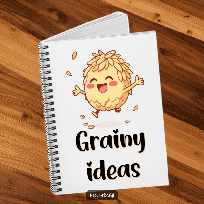 Anthropomorphic brown rice character joyfully bouncing a grain, featured on a fun notebook.