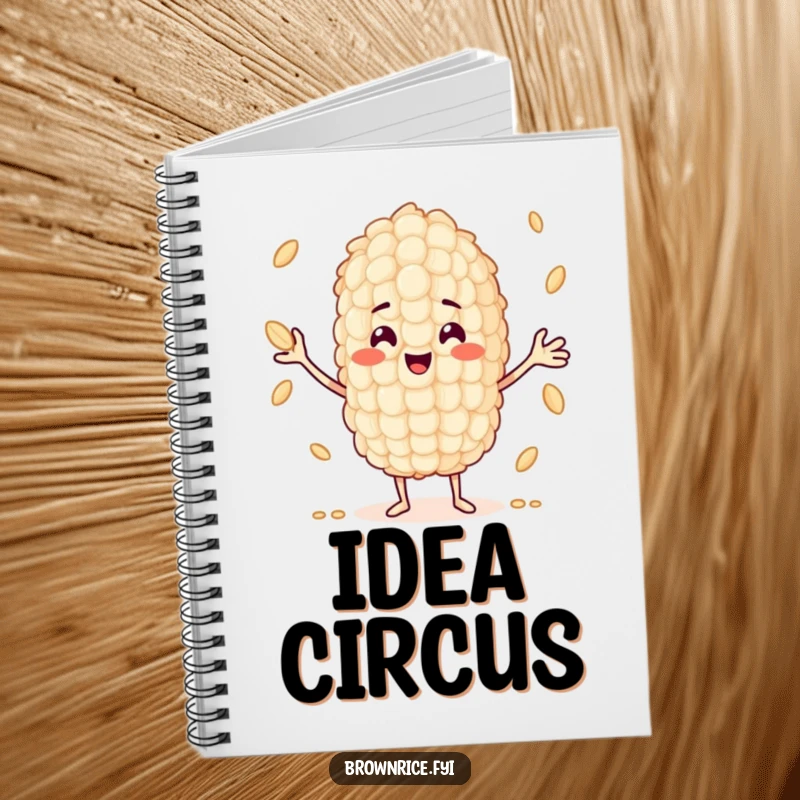 Funny smiling grain of rice character juggling multiple smaller grains, perfect for a humorous notebook.