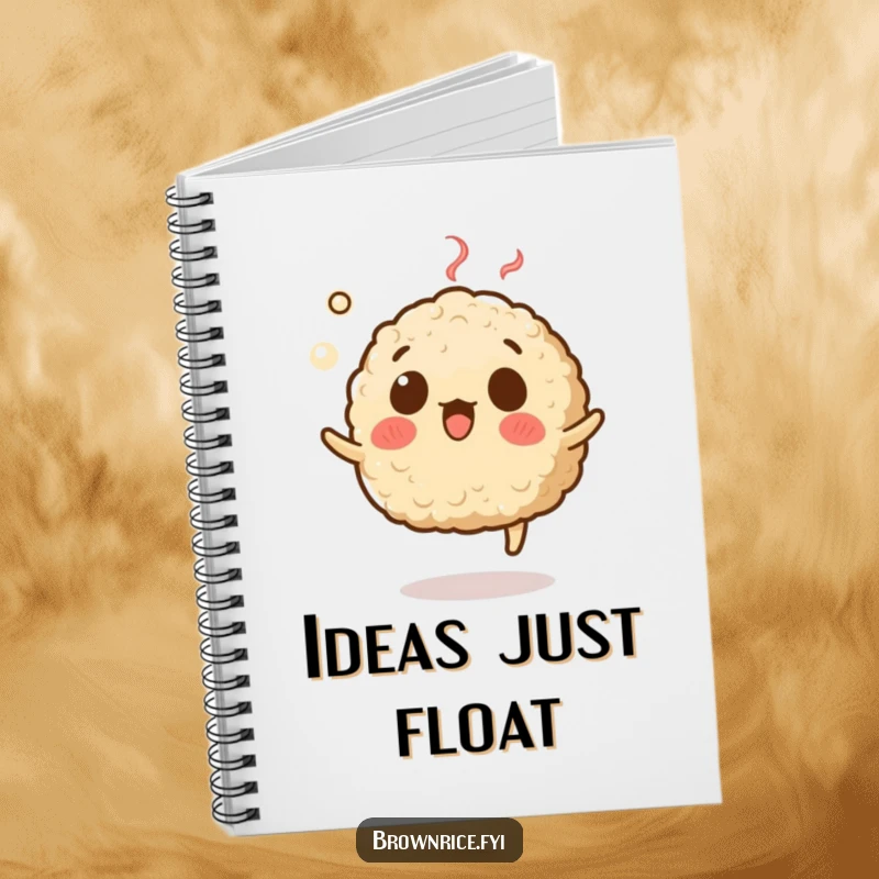 Funny notebook with a brown rice grain character with a surprised expression, levitating with steam, perfect for amusing notes.