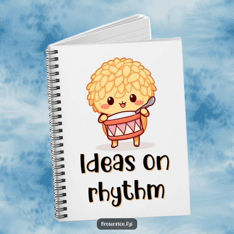 Funny brown rice character drumming with a spoon, featured on the cover of a humorous notebook.