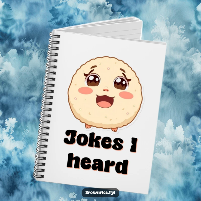 Funny surprised brown rice ball with wide eyes from laughter, a ruled notebook with a cute and humorous cartoon cover.