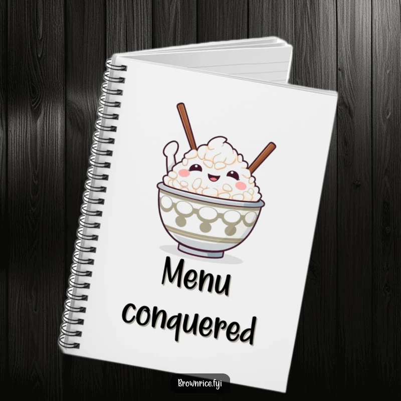 Cute and funny rice bowl character in a victorious pose with chopsticks raised, perfect for a humorous notebook.