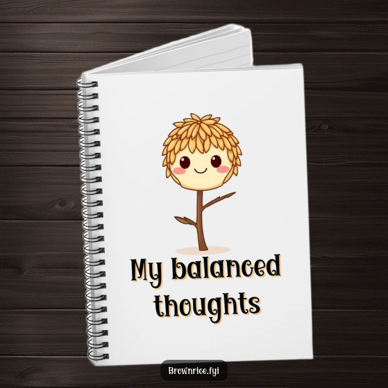 Funny smiling brown rice grain balancing on a twig, on the cover of a lined notebook.