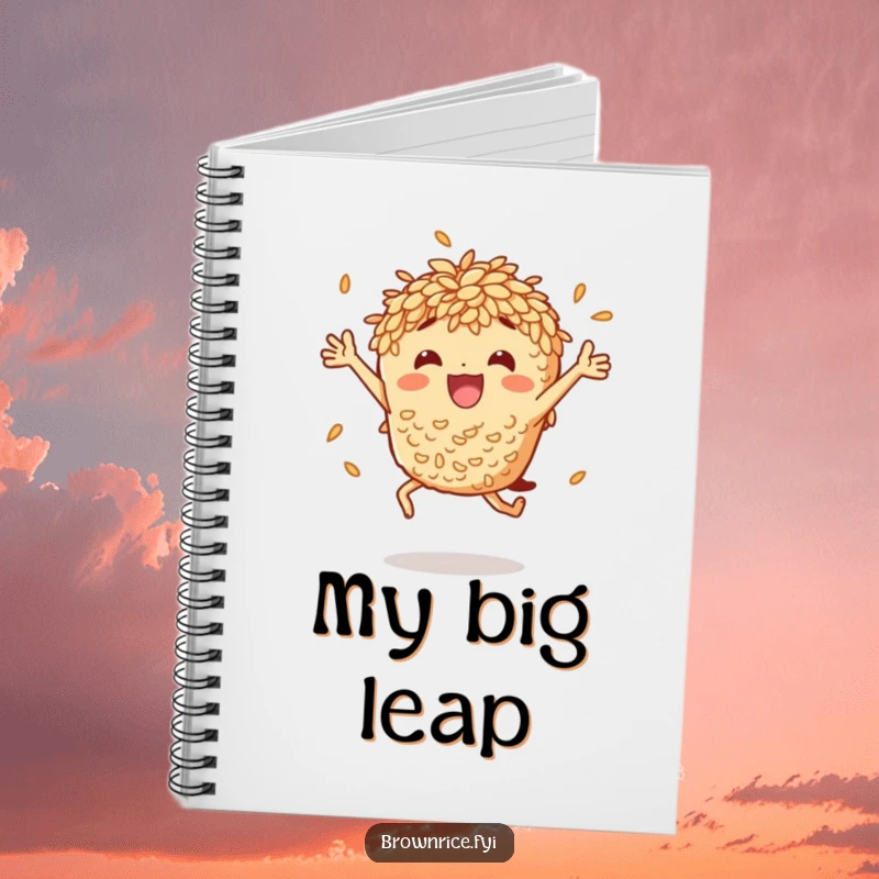 Funny brown rice character in joyous mid-jump pose, ready to inspire notes in this humorous notebook.