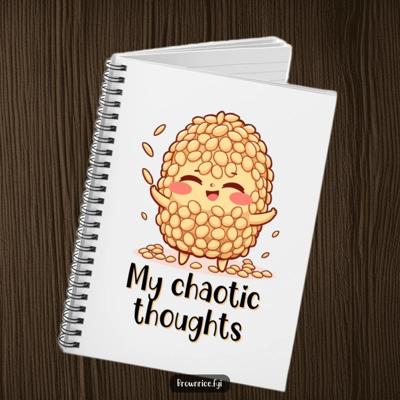 Funny brown rice character notebook, winking playfully while juggling multiple tiny rice grains, ideal for organized and humorous note-taking.