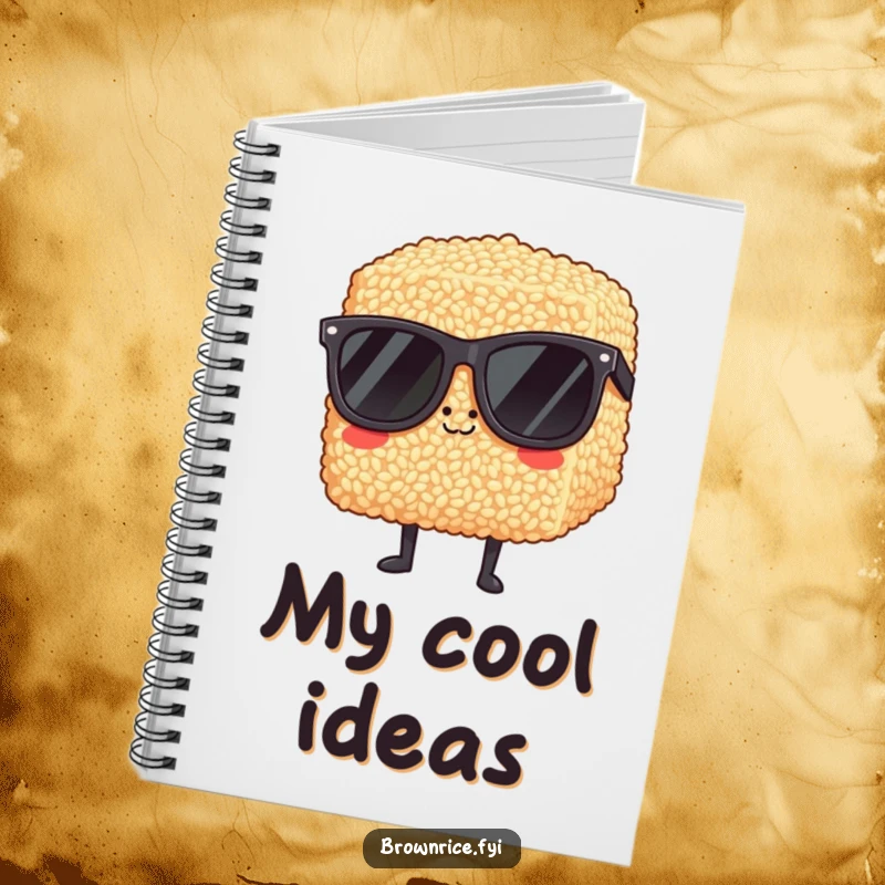 Funny brown rice block wearing oversized sunglasses, looking super cool on the cover of a lined notebook.