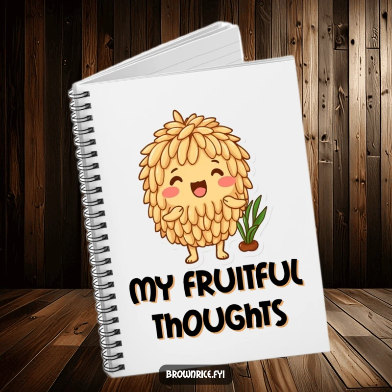 Funny Brown Rice Notebook with an excited brown rice character celebrating a healthy harvest, ideal for garden notes and ideas.