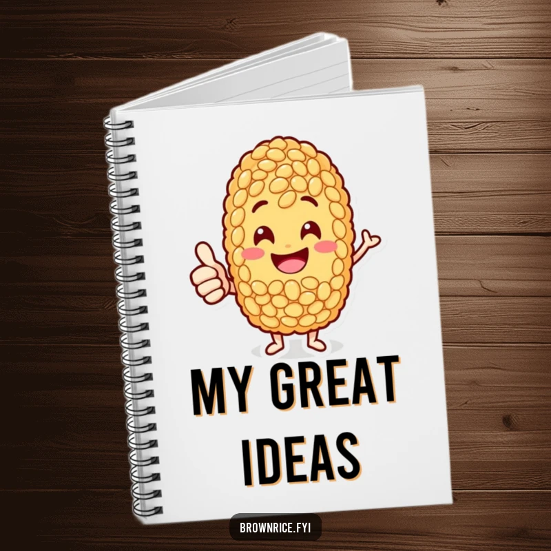 Funny jolly brown rice grain character giving a thumbs-up, adorning the cover of a delightful notebook for all your ideas.
