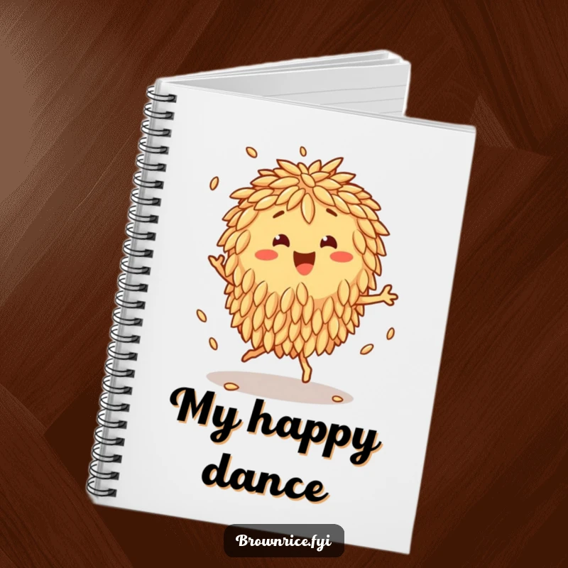 Funny Notebook with a happy brown rice cluster character doing a joyful jig, its grains bouncing rhythmically.