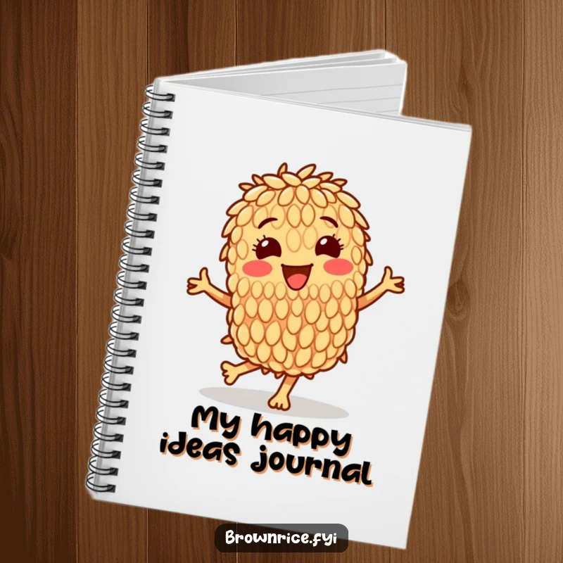 Funny notebook featuring a happy brown rice grain character dancing, ideal for capturing notes and ideas with a touch of humor.