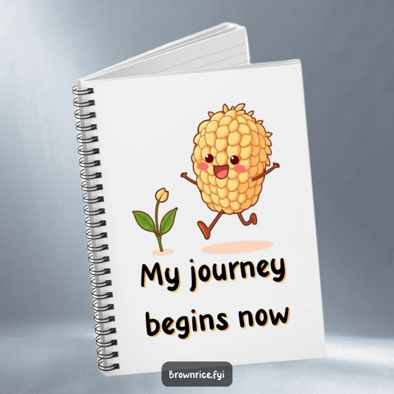 Funny notebook with a brown rice grain character joyfully skipping, ready to inspire creative thoughts and notes.
