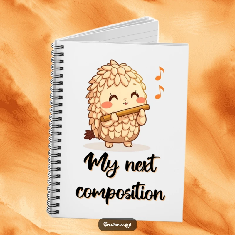 Funny Brown Rice Notebook with a cheerful brown rice character playing a tiny flute, perfect for capturing musical inspiration and notes.