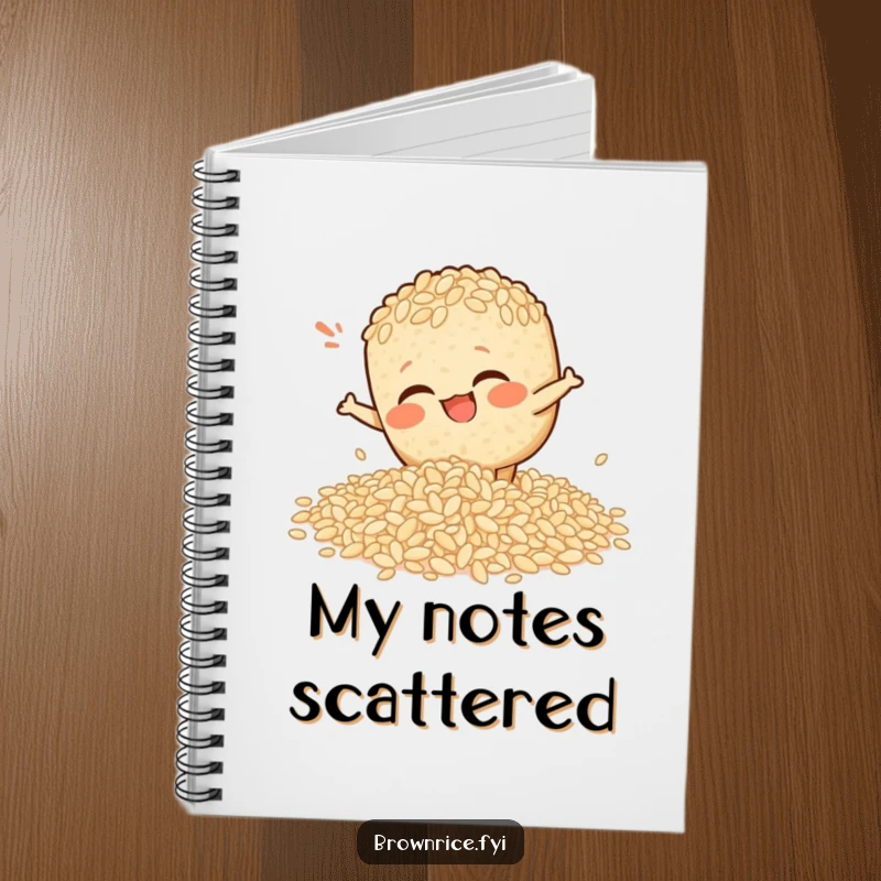 Funny notebook cover depicting a brown rice character comically slipping on scattered rice, ideal funny gift.