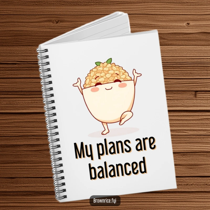 Funny notebook with a smiling brown rice bowl character in a yoga pose, perfect for journaling with a touch of calm.