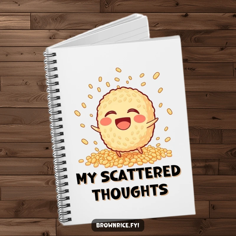 Funny Notebook showing a laughing brown rice character tripping, scattering its grains in a playful explosion.