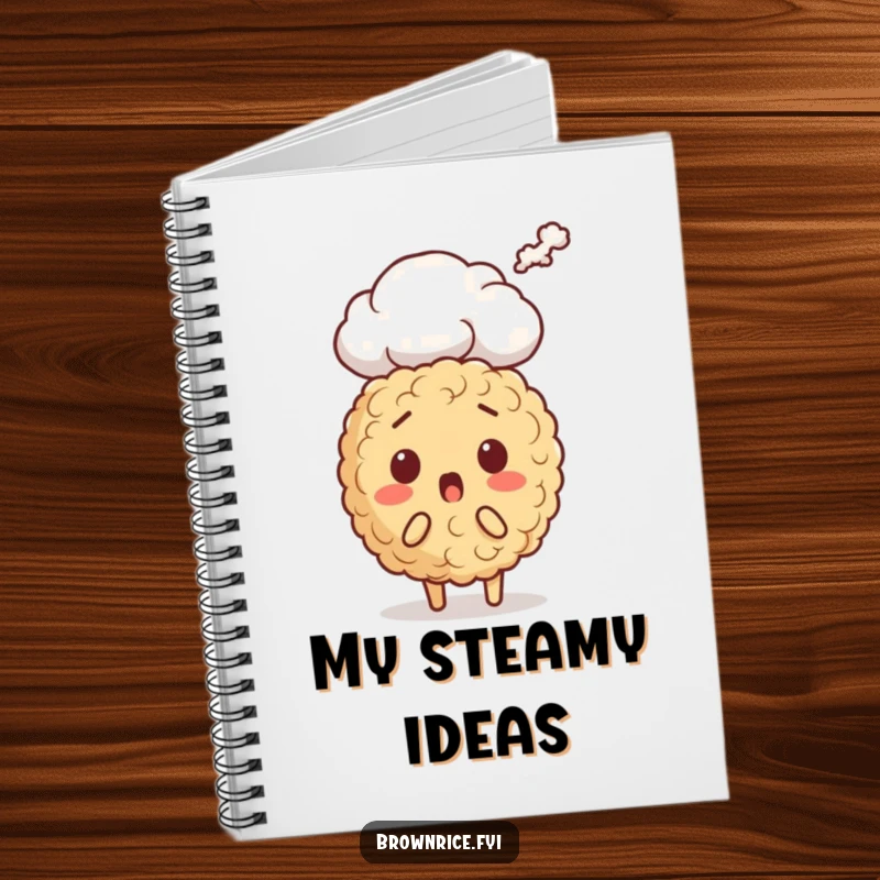 Funny brown rice character notebook, wide-eyed with surprise as a steam cloud rises, ideal for jotting down unexpected thoughts.