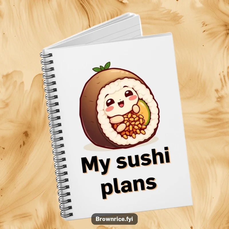 Funny playful brown rice grain character humorously sliding into a sushi roll, adorning the cover of a delightful notebook.