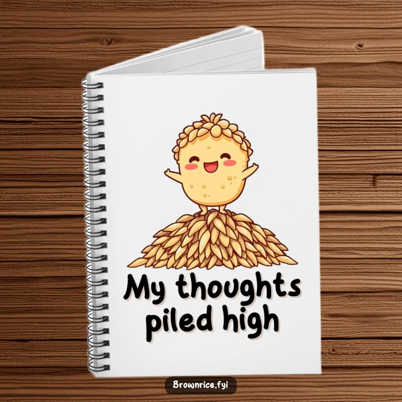 Funny notebook cover depicting a brown rice character grinning while balanced on a pile of rice, ideal funny gift.