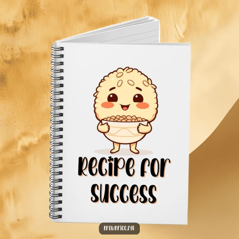 Funny Brown Rice Notebook with a proud brown rice character holding an empty bowl, ideal for recording recipes and culinary ideas.