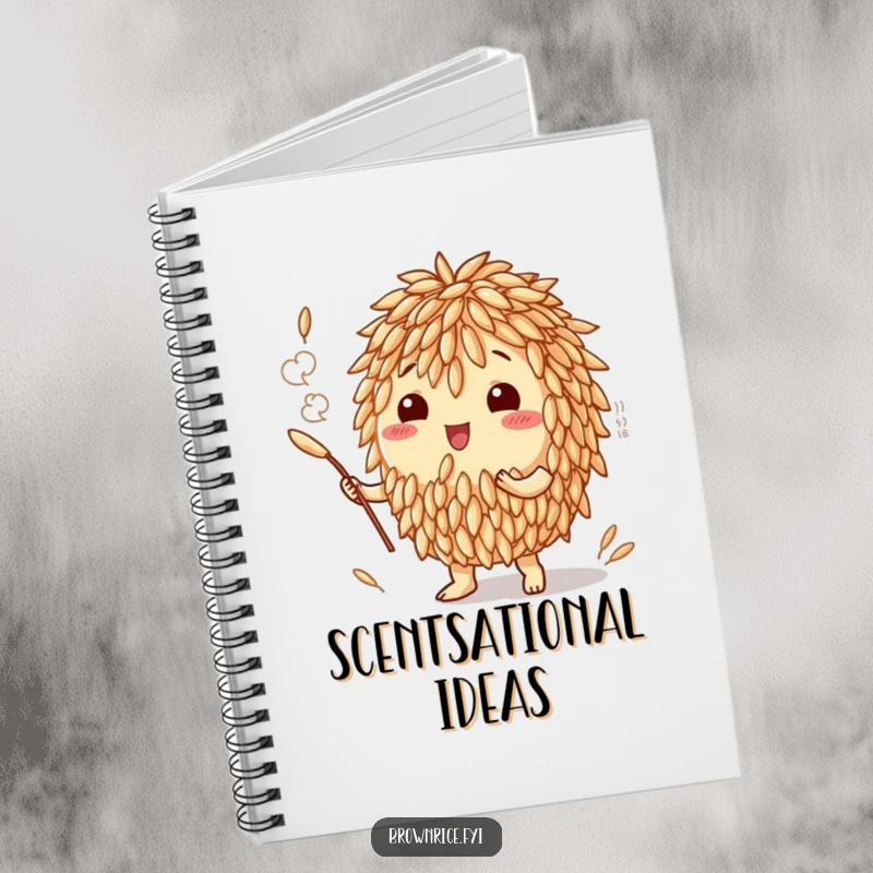 Funny notebook featuring a brown rice grain character exuding a fragrant cloud of delicious aroma, perfect for capturing culinary thoughts.