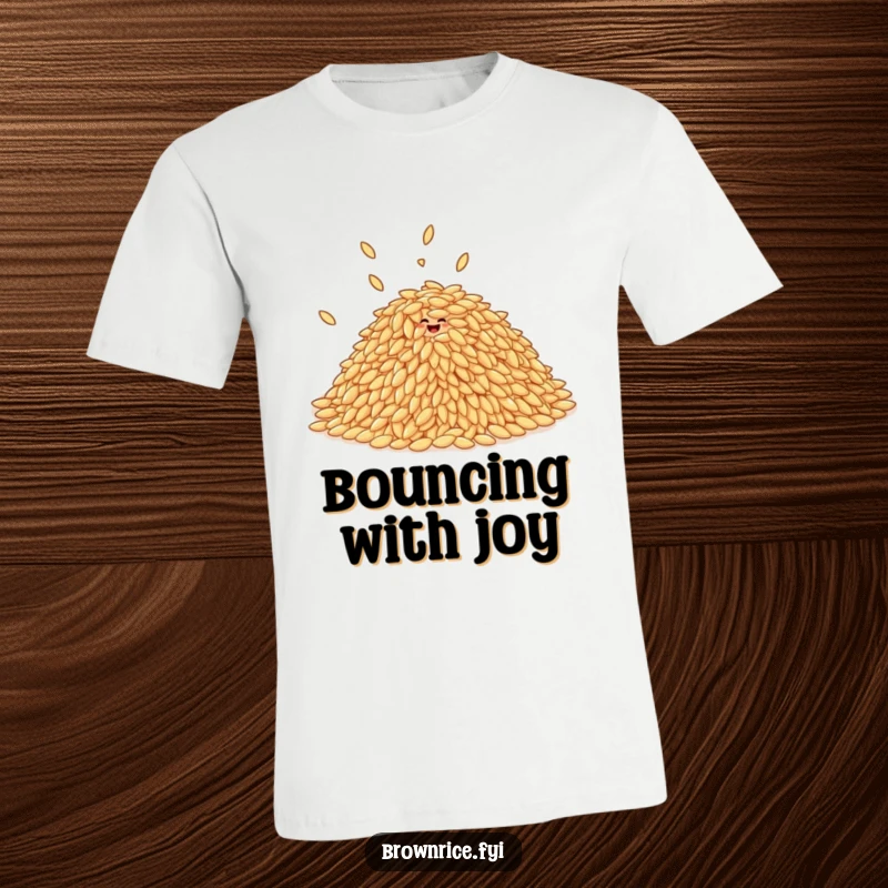 Funny pile of brown rice grains giggling and bouncing with joy, printed on a comfortable graphic tee.