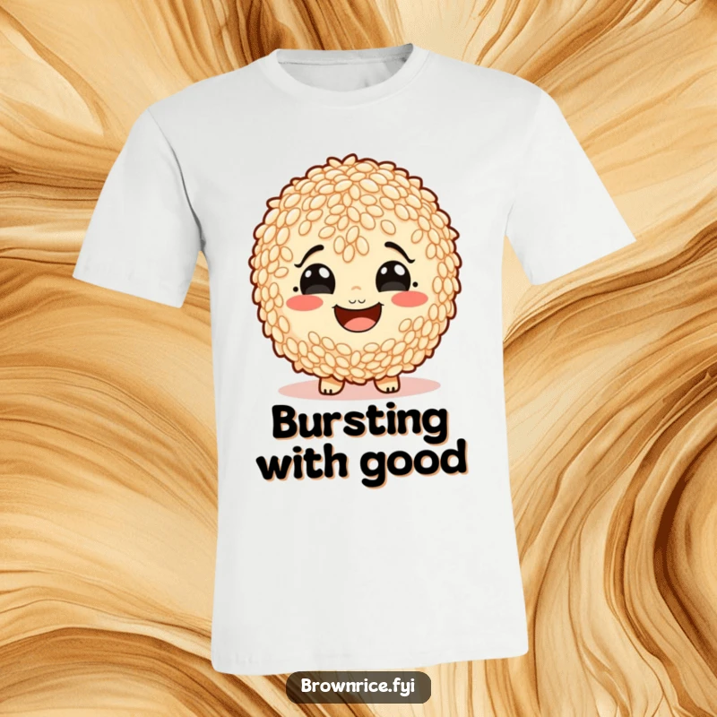 Funny brown rice character with an exaggeratedly wide, happy smile, full of starches, on a funny t-shirt.