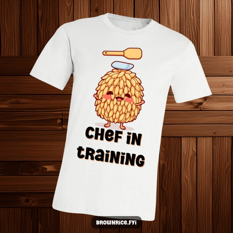 Funny brown rice grain character with a spatula on its head on a t-shirt, embodying culinary humor, a humorous gift.