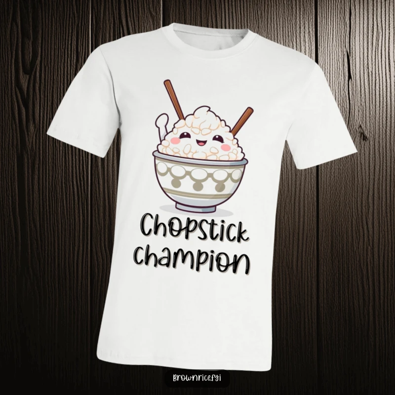Cute and funny rice bowl character with chopsticks raised in a gesture of victory on a t-shirt.