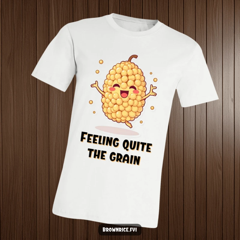 Funny t-shirt showcasing a quinoa grain character spinning with pure joy, radiating health and happiness.
