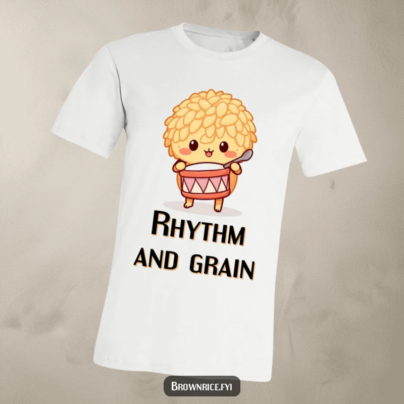 Funny brown rice character enthusiastically playing a tiny drum with a spoon, captured on a humorous t-shirt.
